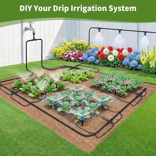 230FT Drip Irrigation System for Garden with 40 Nozzles &amp Emitters Garden Watering System with 1/2 &amp 1/4 Tube Adjustable Sprinklers Kit for Greenhouse Lawn Flower Beds Raised Bed