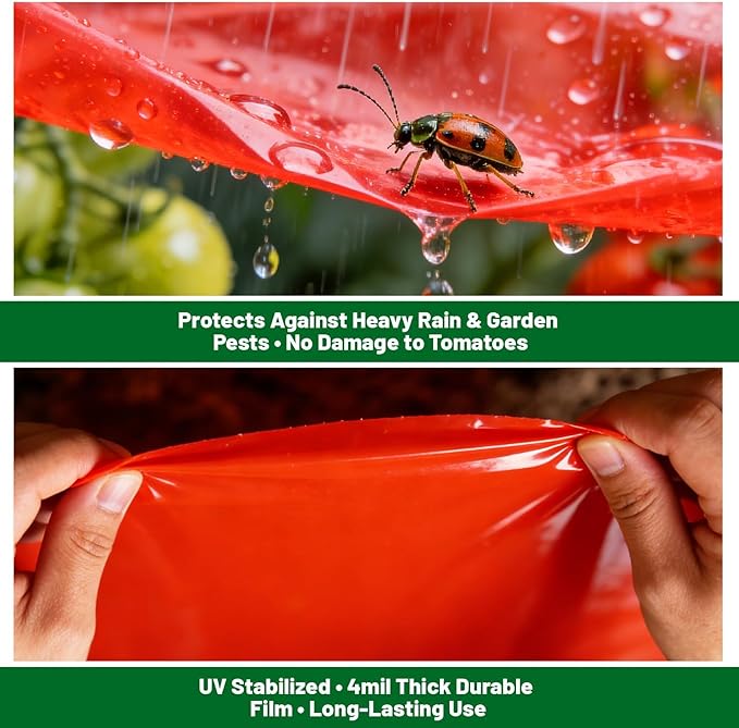 Red Greenhouse Film for Tomatoes 4Mil 4x50FT Tomato Cage Covers with Cable Ties UV Resistant Red Plastic Film for Early Harvest Easy DIY Installation Protect Plants Against Pests and Harsh Weather