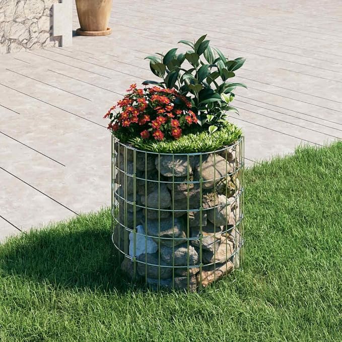 Outdoor Garden Galvanized Steel Circular Gabion Pole Patio Backyard Gabion Basket Cage Planter Stand Garden Gabion Post Raised Bed Fencing Ø19.7x19.7-177