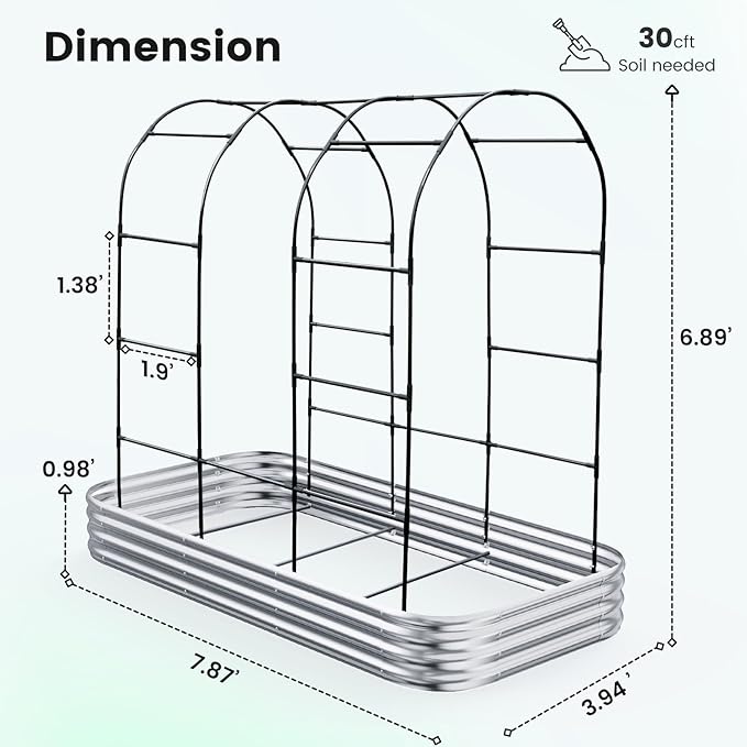 KING BIRD Raised Garden Bed with Arched Trellis Galvanized Planter Garden Box Outdoor for Gardening Climbing Vegetables Flowers 7.87x3.94x0.98 Ft Silver