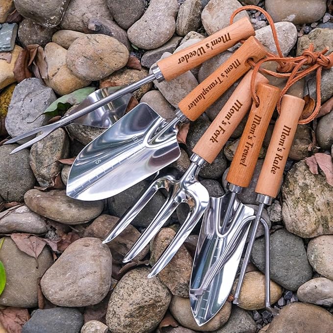 Personalised Garden Hand Tools Set Engraved Trowel Fork Rake Weeder Transplanter Mom Daddy Custom Gift Garden Lovers Gift Retirement Volunteer Gifts (Set of 5)