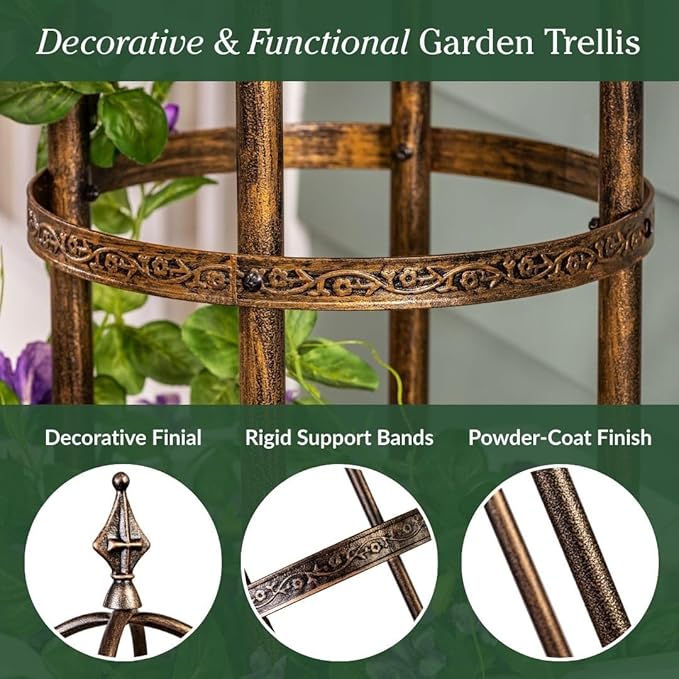 Plow &amp Hearth Metal Garden Obelisk | Indoor/Outdoor | Powder-Coated Steel | Trellis for Climbing | Floral Pattern | 11 Dia. x 7'H | Antique Copper