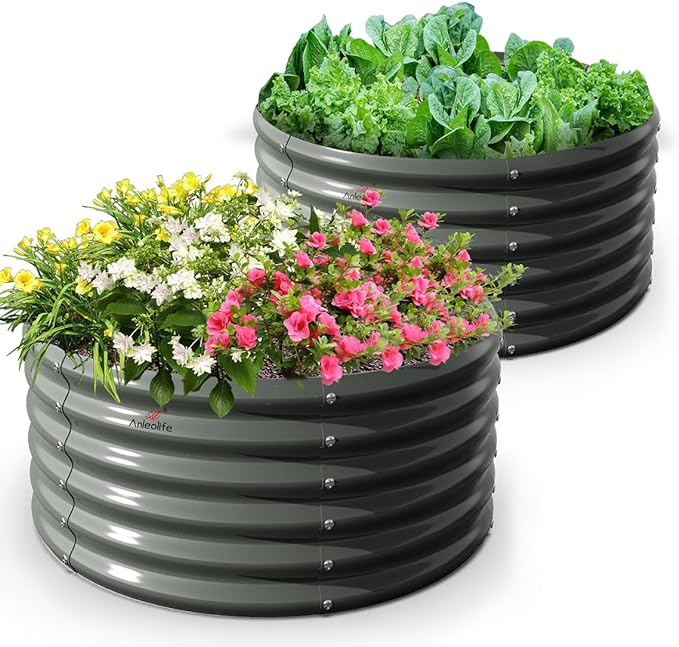 A ANLEOLIFE 2-Pack 4ft x 18” Tall Galvanized Raised Garden Beds Outdoor Round Metal Planter Box for Planting Vegetables Flowers Herb Anti-Rust &amp Easy-Setup Quartz Grey