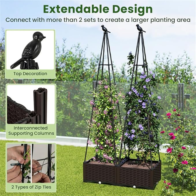 Garden Bed Planter Box with Trellis Tomato Planters for Climbing Plants Vegetable Vine Flowers Outdoor Patio Tomatoes Cage with WheelsPlanter Box with Trellis Easy Assembly &amp Expandable