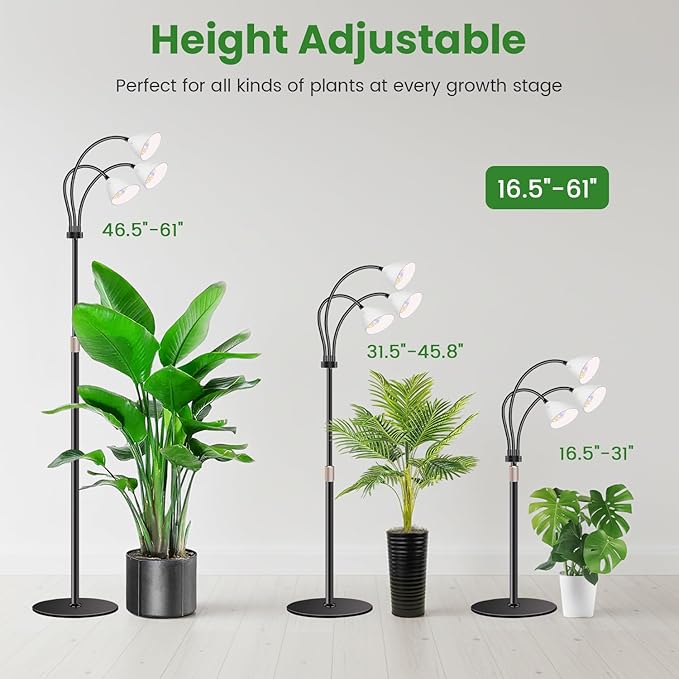 Wolezek Grow Lights for Indoor Plants with Stand 3-Head 78 LEDs Full Spectrum Floor Plant Grow Lamp for Large Plants Auto On/Off Timer 6/12/16H 5 Dimmable Levels Adjustable Height 16.5-61