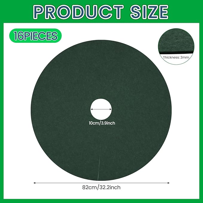 Shimeyao 16 Pcs 32. 2 Inch Non Woven Tree Mulch Ring Round Tree Weed Barrier Mat Reusable Landscape Protector Base Barrier Fabric for Weed Root Protection (Green)