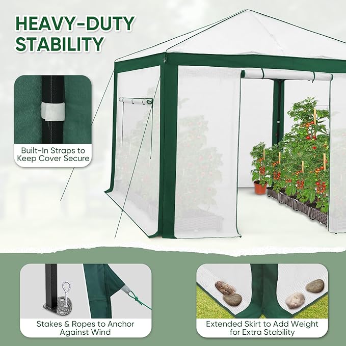EAGLE PEAK 10x10 Portable Walk in Greenhouse with Polyester Reinforced Corners Instant Pop up Indoor Outdoor Gardening Green House Roll Up Zipper Entry Doors and Mesh Windows Green/White