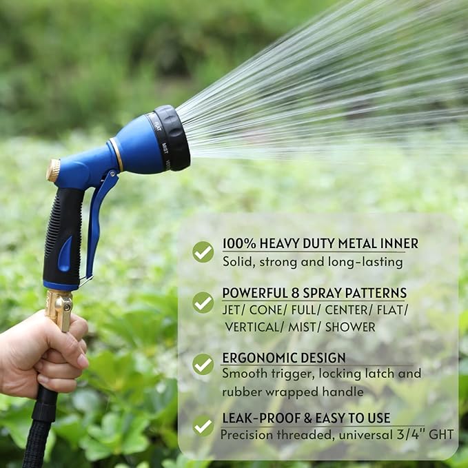 HOSUN Garden Hose Sprayer Nozzle 100% Heavy Duty Metal Water Hose Nozzle with 8 Different Spray Patterns High Pressure Hose Spray Nozzle for Watering Plant &amp Lawn Washing Car &amp Pet Blue