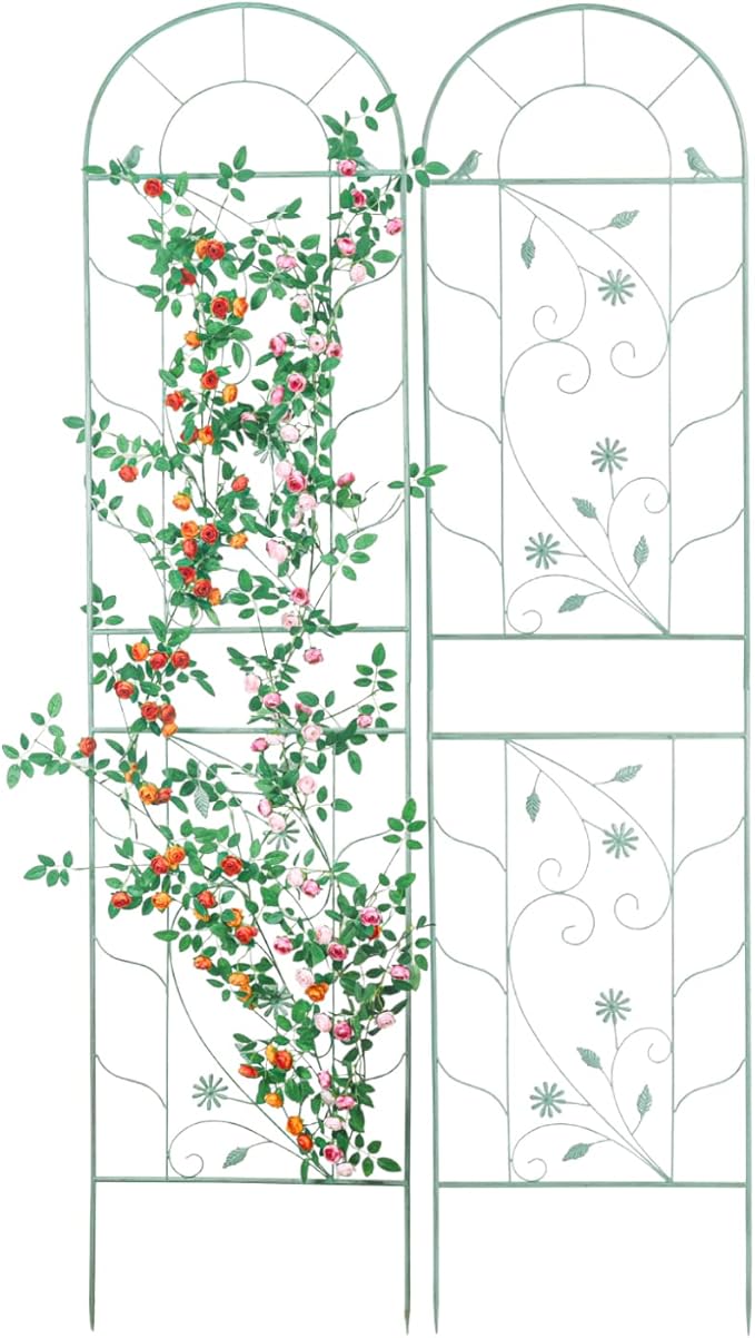Sungmor Large Metal Garden Trellises for Climbing Plants - 82.5 Inch Tall &amp 2PC Green Pack - Beautiful Retro Style Metal Fence Trellis - Gardening Vines Plant Support for Flower Rose Climbing