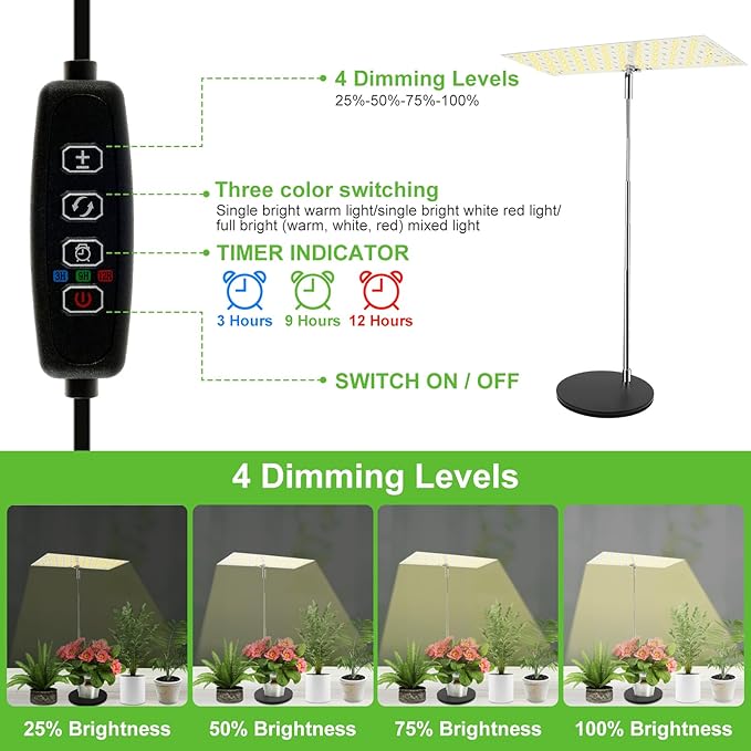 Vegetation Grow Light Height Adjustable Vegetation Growing Lamp for Indoor Dimmable Brightness Full Spectrum Grow Light Bright Easy to Install LED Light with Auto On/Off Timer 4/8/12H (Style 02)