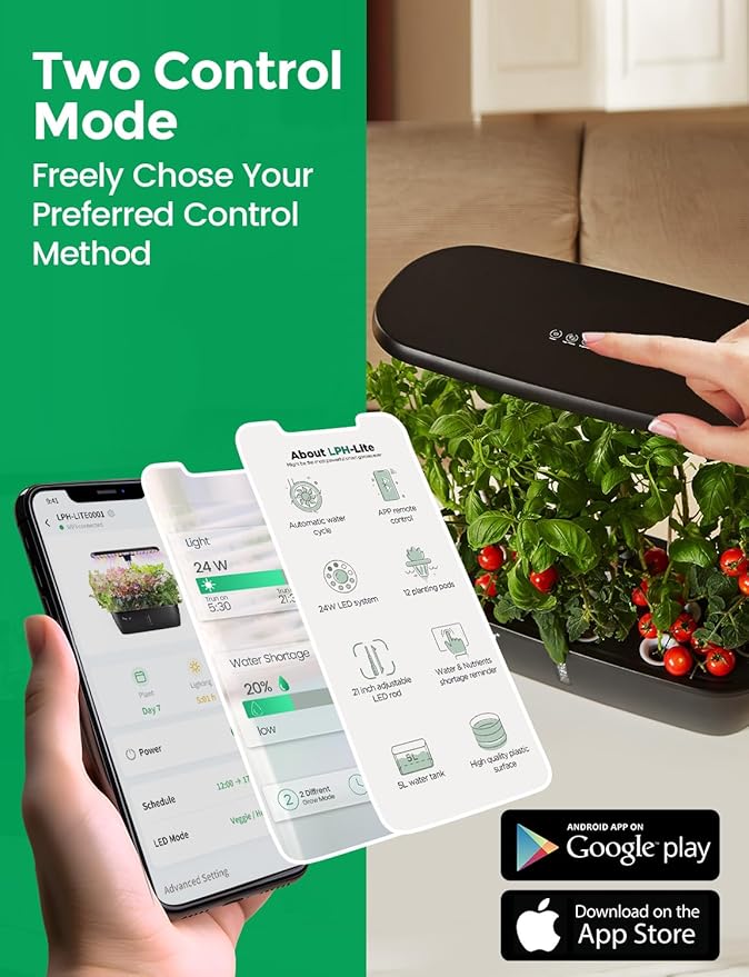 LETPOT LPH-Lite Hydroponics Growing System 12 Pods Smart Herb Garden Kit Indoor Indoor Garden APP &amp WiFi Controlled with 24W Growing LED 5.5L Water Tank Pump System Automatic Timer