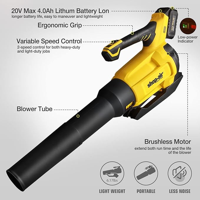 20V Cordless Leaf Blower 450CFM/110MPH Brushless Blower with Variable Speed Lightweight for Lawn Care Snow Blowing Yard Cleaning 4.0Ah Battery (Quick Charger Included)