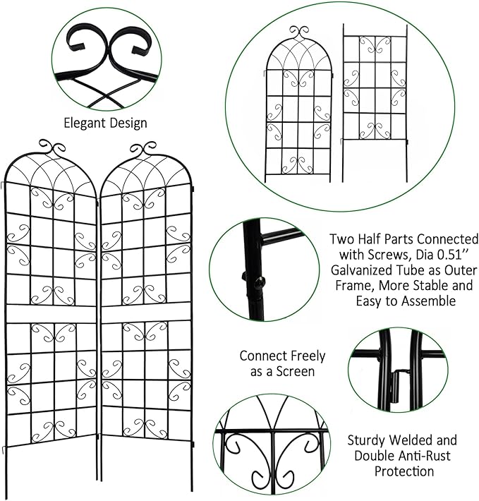 2 Pack Large Black Iron Garden Trellis 86.7 H x 19.7 W Heavy Duty Rustproof Plant Support for Roses Vines Vegetables