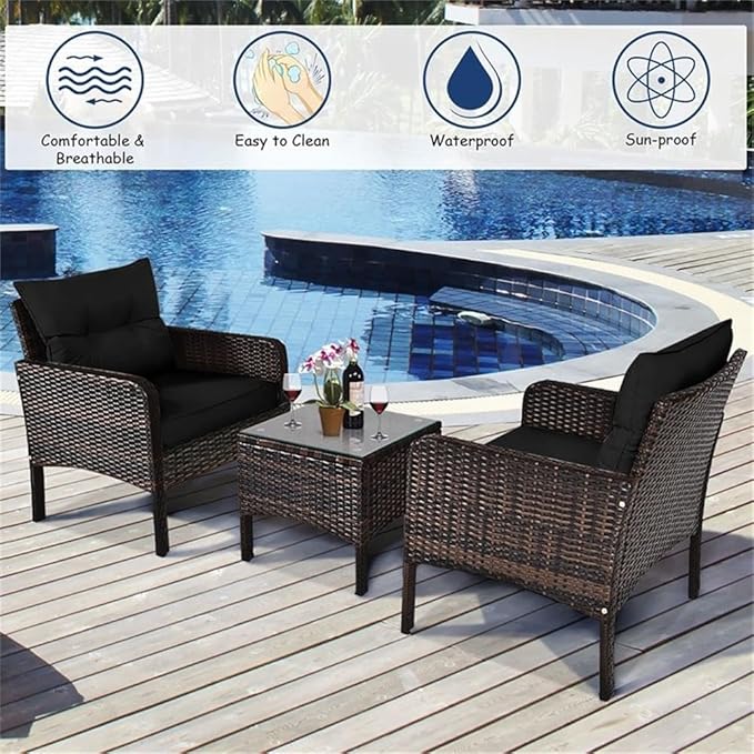 Pemberly Row 3-Piece 26'' Rattan Conversation Set Outdoor Seating Ensemble Built for Casual Comfort and Interaction Black