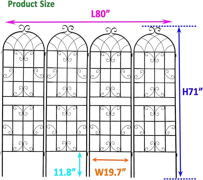 4 Pack Metal Garden Trellises 71 x 19.7 Black Coating Fence Plant Support Trellis with Arch Decoration for Supporting Climbing Plants Outdoor Roses Vines Flowers Vegetabl