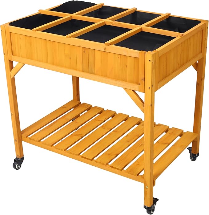 Elevated 8 Pocket Garden Bed Mobile Raised Customizable Wood Planter for Vegetables Flowers w/Lockable Wheels Storage Shelf Drainage Holes