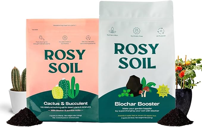 Rosy Soil Biochar Booster 8qt + Cactus &amp Succulent Potting Mix 4qt Organic Indoor Living Soil Bundle - Peat-Free Fast Draining Mix with Mycorrhizae Worm Castings &amp Biochar for Healthy Root G