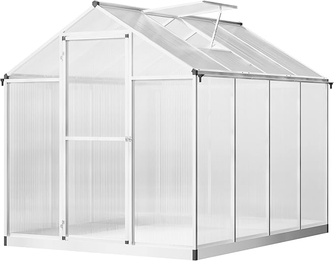 Outsunny 8' x 6' Greenhouse for Outdoors Polycarbonate Greenhouse with Rain Gutter and Roof Vent Aluminum Walk-in Green Houses for Outside Patio Backyard Garden