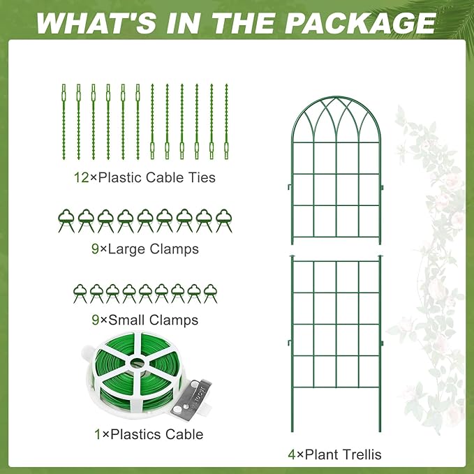 DoCred 4 Pack Garden Trellis for Climbing Plants 59 Inch Metal Plant Trellis for Plant Support Large Decorative Outdoor Trellis for Climbing Vegetable Flower Rose Vine Cucumber Green