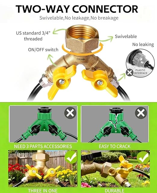 98.4ft Drip Irrigation System Garden Watering Kit with Heavy Duty Solid Brass Splitter 1/4 Tubing Adjustable Emitters DIY Automatic Irrigation for Patio Greenhouse Flower Bed