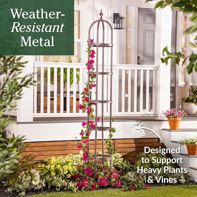 Plow &amp Hearth Metal Garden Obelisk | Indoor/Outdoor | Powder-Coated Steel | Trellis for Climbing | Floral Pattern | 11 Dia. x 8'H | Bronze