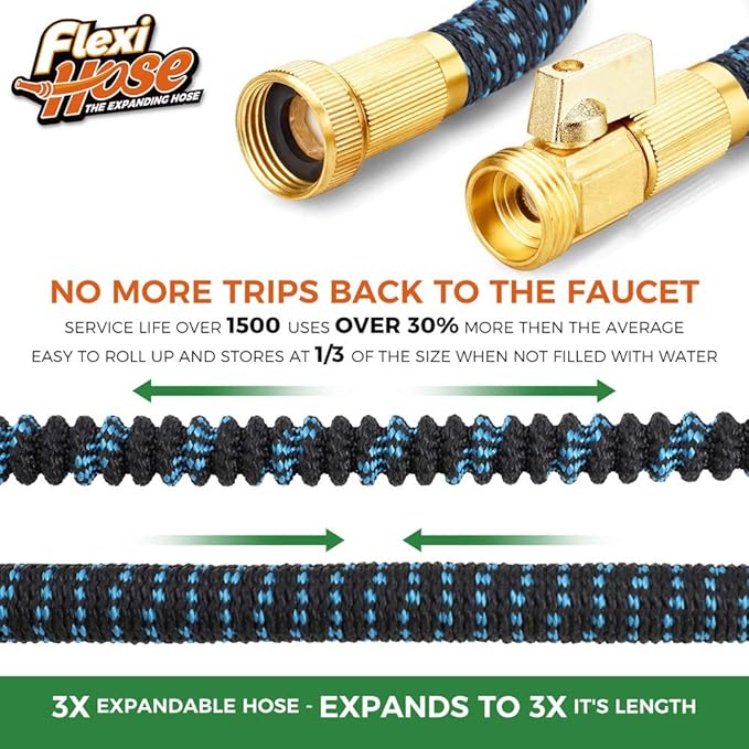 Flexi Hose Expandable Garden Hose with 8 Function Nozzle 25FT - Lightweight Retractable Garden Hose Water Hose - No-Kink Flexibility 3/4 Inch Solid Brass Fittings and Double Latex Core