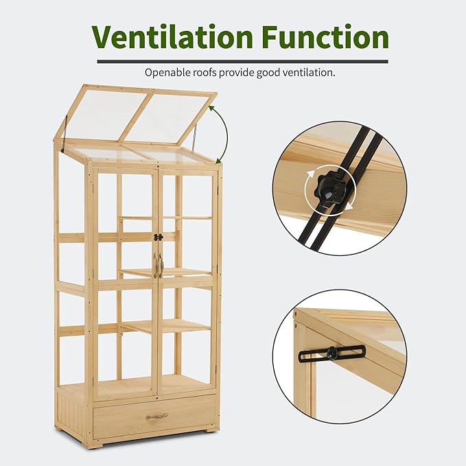 Macrout Cold Frame Greenhouse Tall Wooden Greenhouse for Outdoor Indoor Use with Polycarbonate Panels 3 Tier Garden Cold Frame with Drawer and Shelves 0864 (Natural)