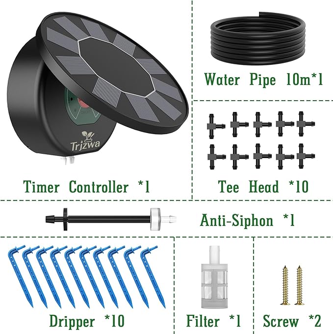 Solar Automatic Drip Irrigation System Kit DIY Irrigation System for Garden Outdoor/Indoor Gardening System Plant Watering System Drip Irrigation System 9 Timing Modes with Anti-Siphon Set