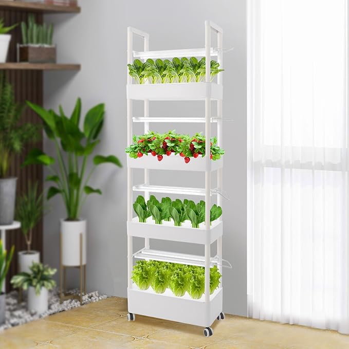 Hydroponics Growing System with LED Growth Lights and Water Pump 4 Layers Hydroponic Vegetable Growing Kit 56 Sites for Fruits Vegetables Herbs