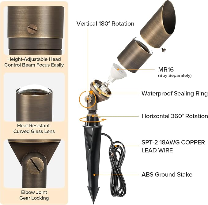 LUTEC Solid Brass Low Voltage Landscape Lighting 12V Heavy Duty Waterproof Landscape Spotlights Adjustable Bronze Uplights Outdoor Fixtures for Garden Yard Pathway Tree Without Bulb 4 Pack