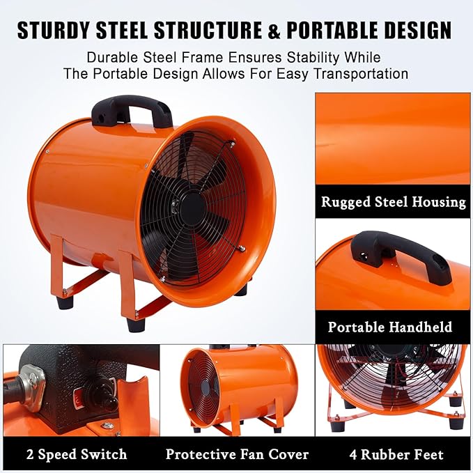 Air Mover Blower Fan 16 Inch 2-Speed 3500CFM Heavy Duty Blower Fan with 32.8 Ft Flexible Duct Industrial Portable Ventilator Blower/Exhaust