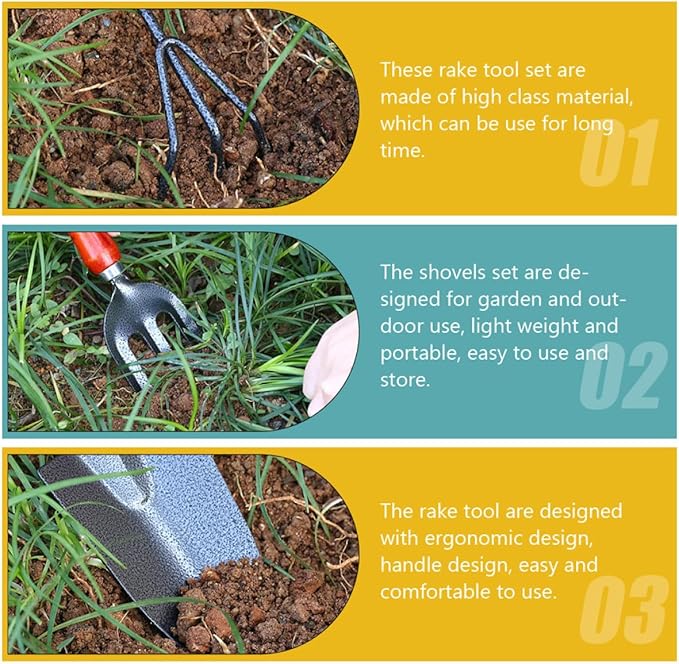 GLEAVI 5pcs Gardening Tool Set with Handle Rake and Flower Planting Shovels for Outdoor and Indoor Planting Garden Soil Loosening and Transplanting Sturdy Metal Hand Tools for Home