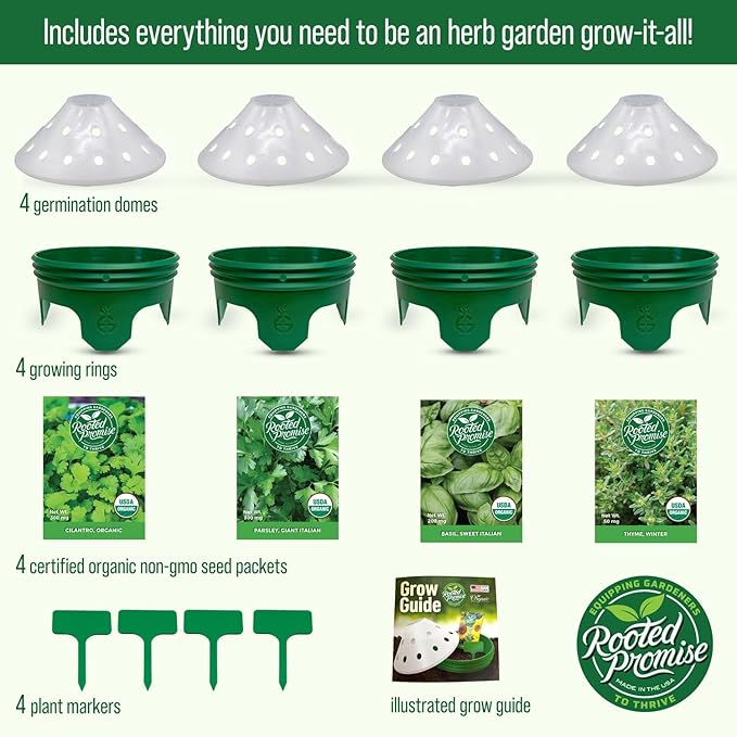 4 Herb Garden Kit with Grow Rings and Greenhouse Germination Domes – Certified Organic Herb Planter Kit – Gardening Gift for Mom Teachers Women and Men – Made in USA