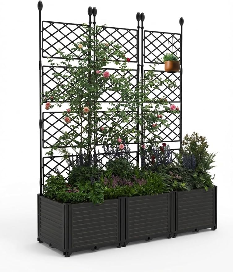 3PCS Modular Raised Garden Bed Planter Box Kit with Metal Trellis – Vertical Garden Lattice for Climbing Plants Vegetables Flowers – Outdoor Patio Privacy Screen for Balcony Deck Small Spaces –