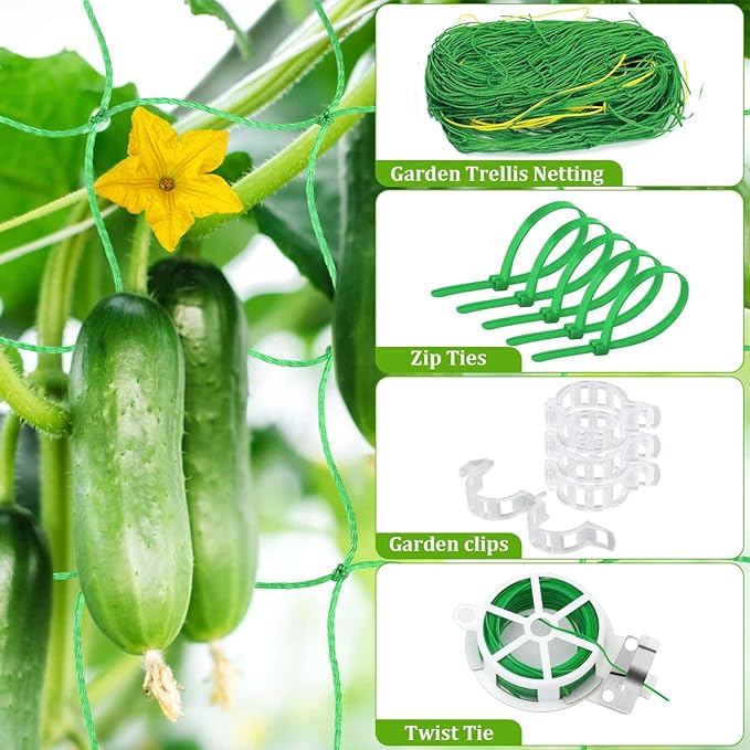 Cucumber Trellis with Grow Bag 50 x 36 Inches Reusable Garden Vegetable Trellis with Fabric Raised Bed Climbing Net and Plant Support Clips for Greenhouse Climbing Plants