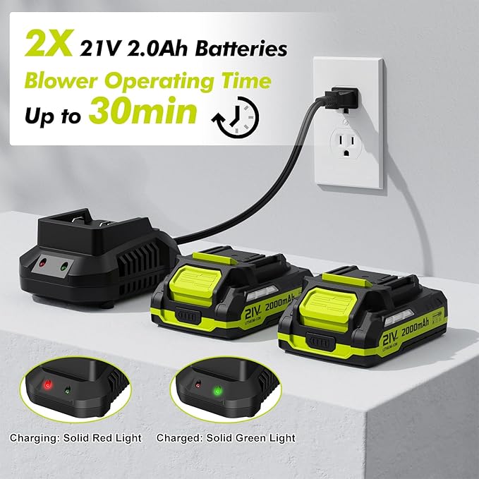 Leaf Blower Cordless - 21V Powerful Electric Leaf Blower with 2 Batteries and Charger 2 Speed Modes 2.0Ah Lightweight Battery Powered Leaf Blowers for Lawn Care Patio Dust Blowing Leaves