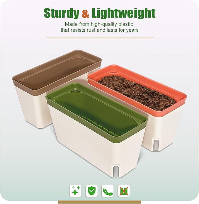 OurWarm 3 Pack Self Watering Herb Planter Set for Windowsill 10.5In Indoor Herb Garden Planters with Water Level Indicator Dual Layer Easy Care Pot for Basil Flowers Vegetables &amp Succulent