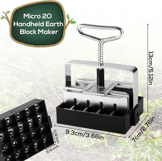 Mini 20 Cell Soil Blocker Iron Hand Held 3/4 in Soil Block Maker Blocking Tool for Seed Starting with Seed Dispenser Garden Seeding Tools for Indoor Outdoor Plants