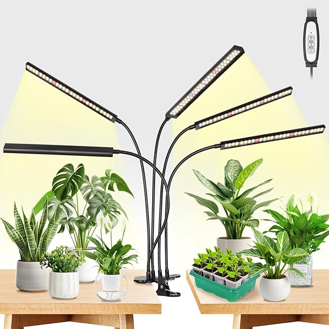 FOXGARDEN Grow Lights for Indoor Plants Full Spectrum Plant Lights for Indoor Growing with Timer 4/8/12 H Five-Head 260 LED Clip Grow Lamp with Gooseneck 4 Brightness Levels for Plant Growing