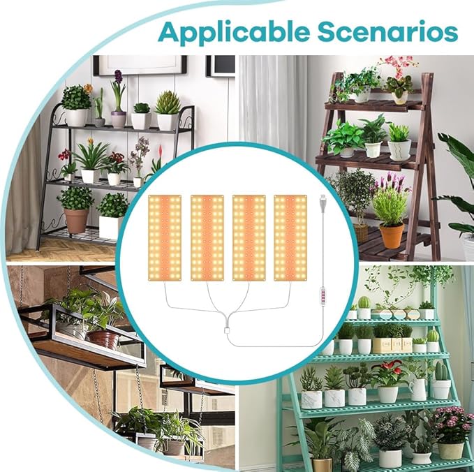 4Head LED Plant Lights DC5V Indoor Full Spectrum Seedling Planting Panel Lamp Dimmable Hydroponic System UV/IR Auto On/Off 8/12/16hours Timer Greenhouse Tent Cultivate Flower Succulents Fill Lamp