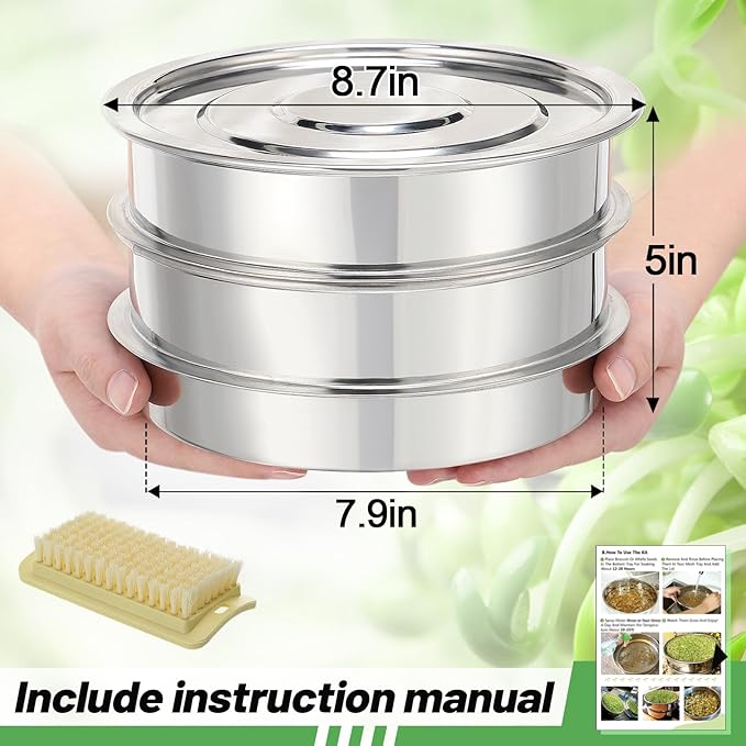 Aulock Stainless Steel Seed Sprouting Kit - 3-Tier Microgreens Growing Tray 7.9 in Dia Stackable Round Sprouter Maker with Encrypted Mesh Sprouts Grower for Beans Broccoli Alfalfa Seeds Wheat Grass