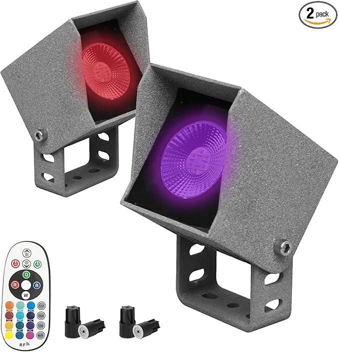 2 Pack RGBW Landscape Spotlights3W Low Voltage Garden Lights with Remote Control 16 Static Colors &amp 4 Dynamic Modes IP65 Waterproof 12V/24V Color Changing Lights for Yard Tree Decoration(Gray)