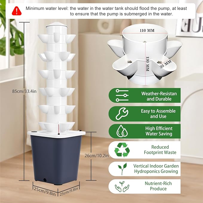 Hydroponics Growing System Kit 30-Plants Indoor Vertical Tower Garden System KitSmart Garden Hydroponic Germination Kit Vegetable Tower with Pump 30 Black 6-Layers