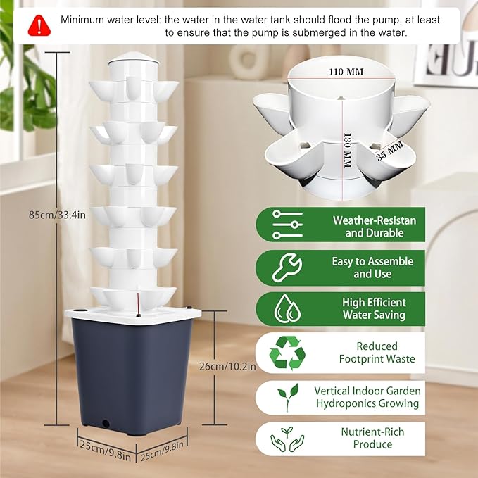 Hydroponic Growing Tower with 10L Tank 6 Layers 30 Plants Indoor Hydroponics Growing System Soilless Cultivation Herbs Fruits Vegetables Vertical Planter Tower Kit Indoor Plants Garden Sys