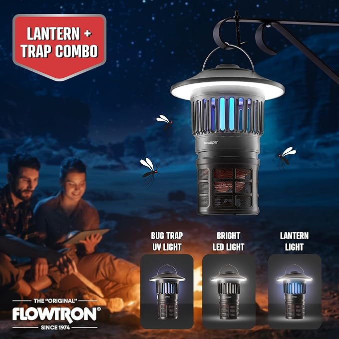 Flowtron Bug Trap Lantern | 2-in-1 UV Mosquito Trap &amp LED Camping Lantern 21000 Sq Ft Coverage 4000mAh Rechargeable Battery Cordless Insect Trap with Fan for Patio Backyard Indoor Outdoor