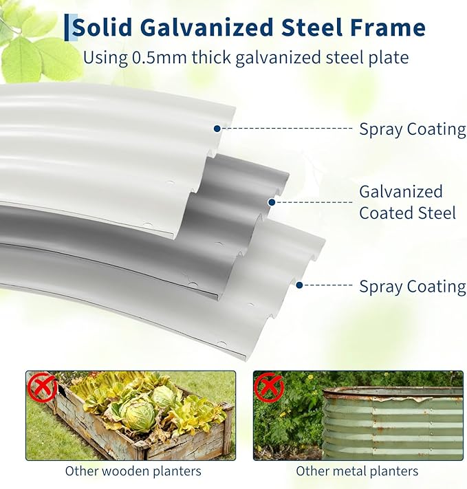 4x4x1ft Galvanized Raised Garden Bed Kit Oval Steel Planter Box with Open Bottom for Better Drainage &amp Root Growth Rust-Resistant Outdoor Flower &amp Vegetable Garden Bed Easy Assembly (White)