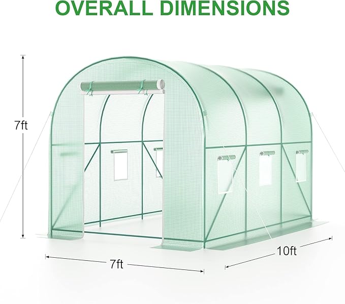Walk-in Greenhouse 10x7x7 FT Heavy Duty Tunnel Green House for Outdoors Portable Green Houses for Outside Winter Hot House with Metal Frame &amp Roll-up Zipper Door Screen Windows