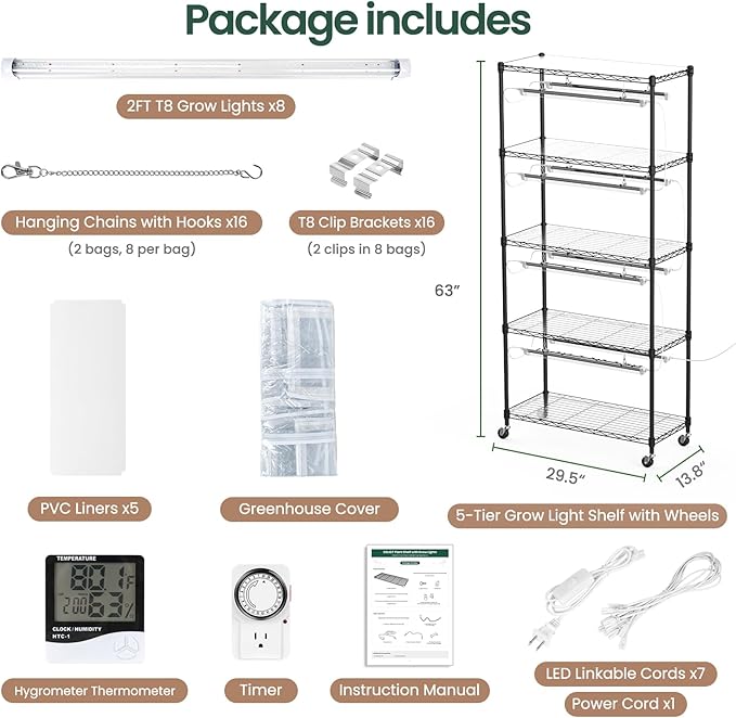 SOLIGT Indoor Greenhouse with Grow Lights - 5 Tier Plant Shelf &amp 8 x 2FT 6000K Full Spectrum Lights Thick PVC Cover Mesh Ventilation Mini Small Greenhouse Cabinet for Seed Starting Seedlings Gr
