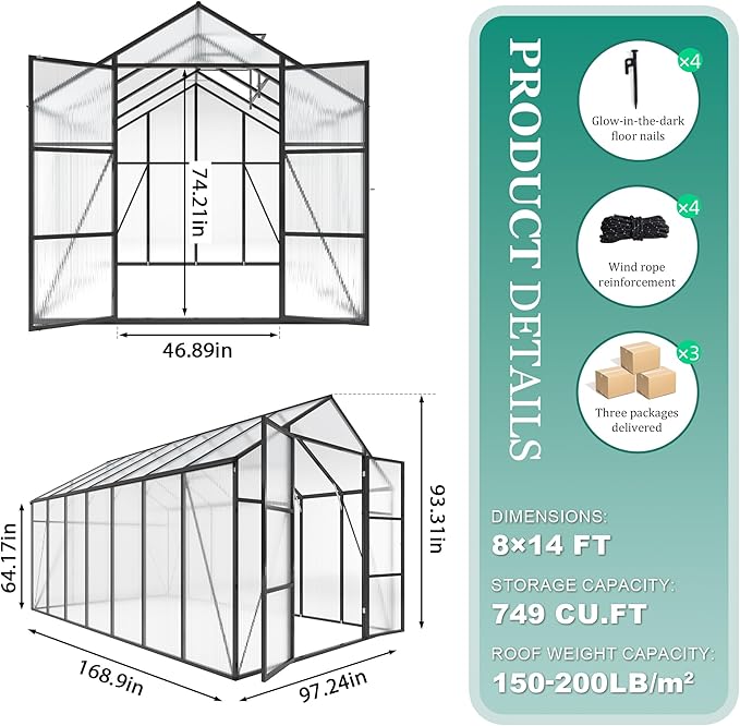 Greenhouse for Outdoors 8x14x7.8FT Polycarbonate Greenhouse with Stronger Wind Protection and Roof Vent Walk-in Large Aluminum Sunroom Winter Proof Black