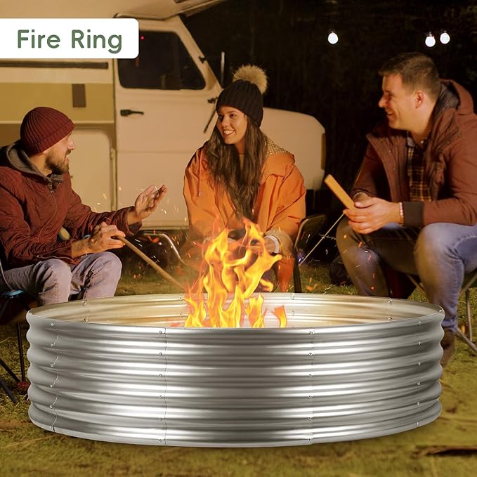 4×4×1FT Galvanized Raised Garden Bed Outdoor Steel Fire Pit Ring Flower Planter Large Round Planter Box Elevated Metal Raised Beds for Gardening Flower Bed Galvanized Tub for Vegetables Fruits